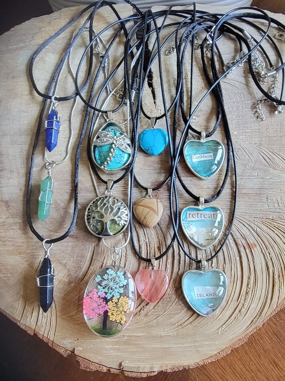 Handcrafted Set Of 12 Mixed Stone & Heart Pendant Necklaces
